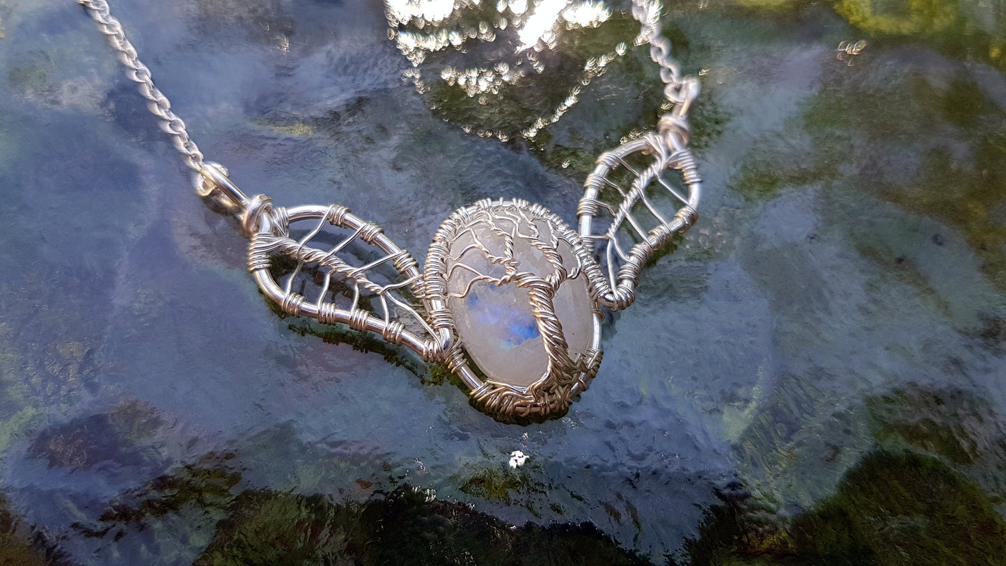 Tree - leaf necklace with a moonstone