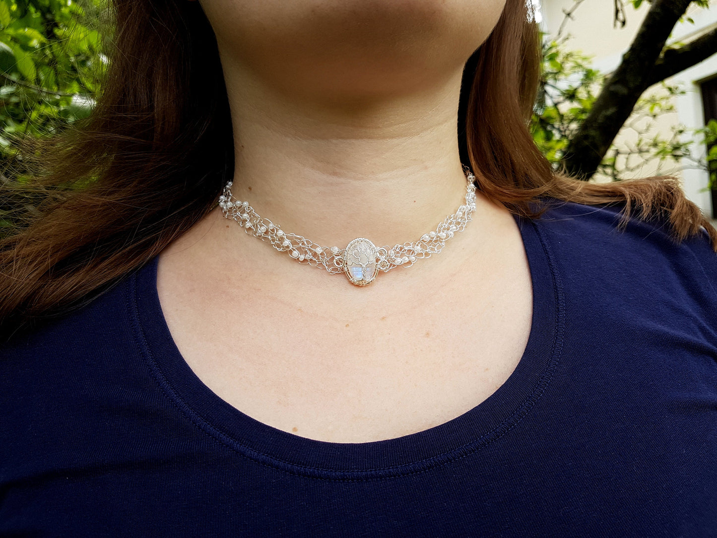 Wire crochet choker with a moonstone