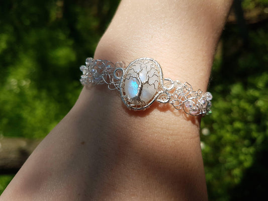 Wire crochet tree bracelet with a moonstone