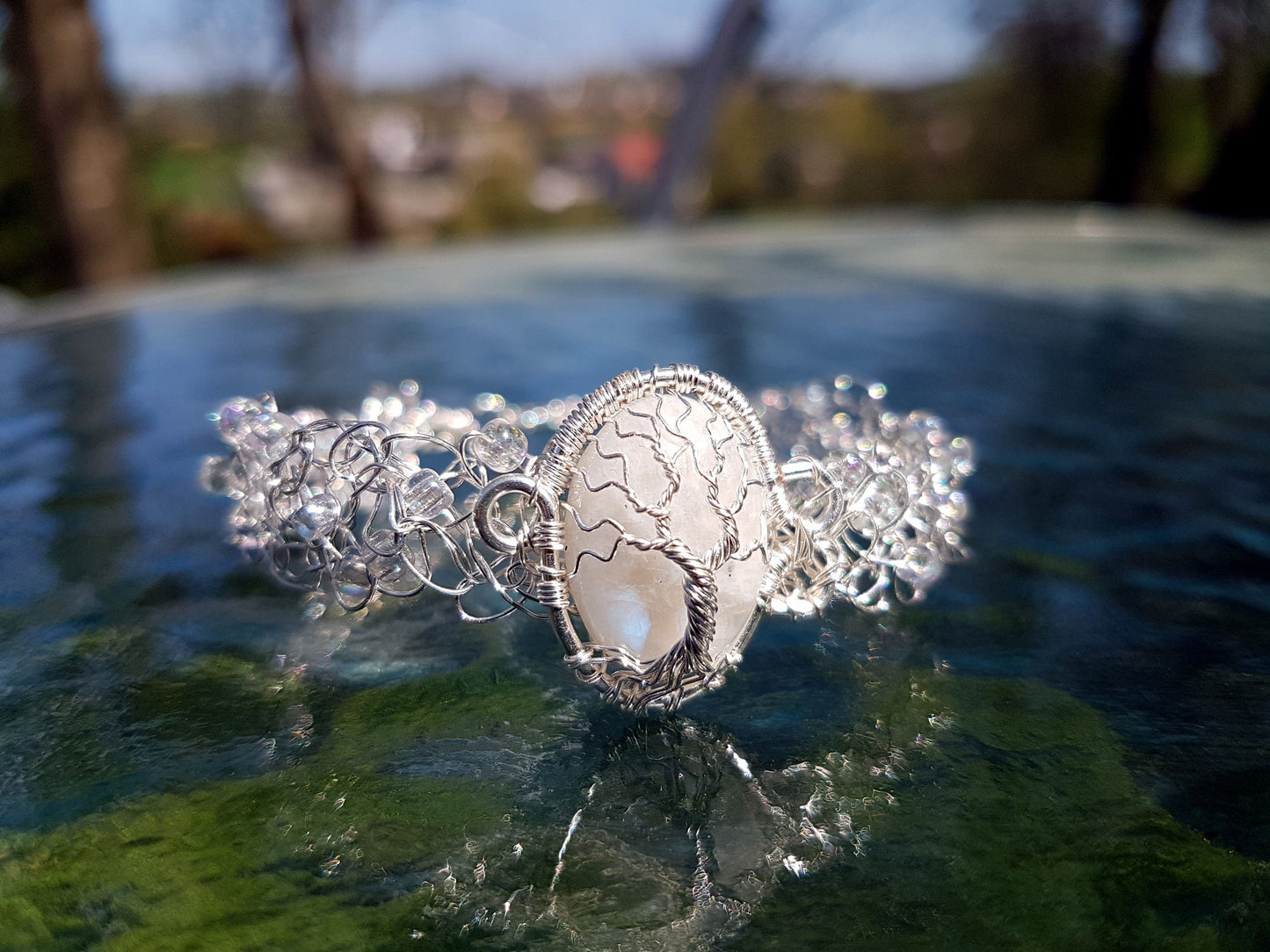 Wire crochet tree bracelet with a moonstone