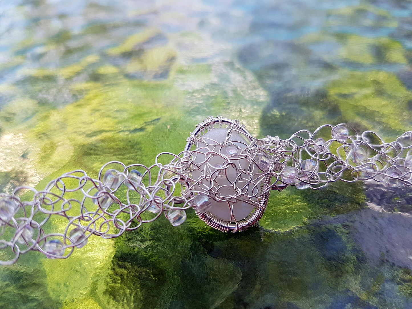 Wire crochet tree bracelet with a moonstone