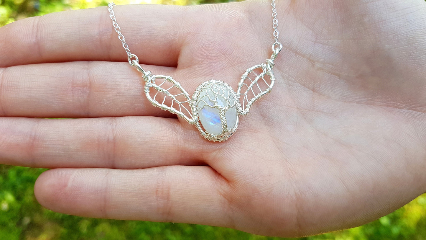 Tree - leaf necklace with a moonstone