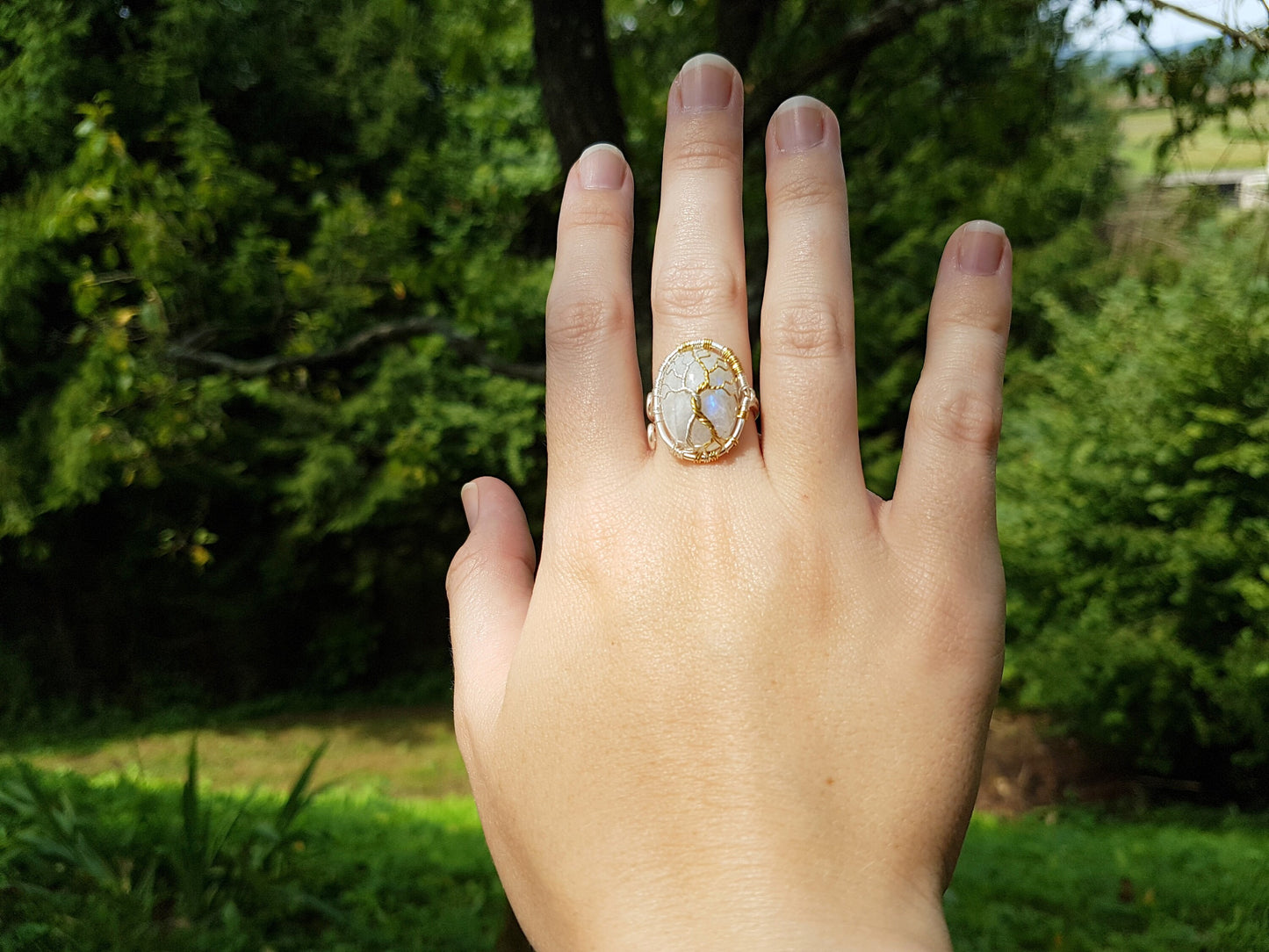 Fantasy inspired ring with a moonstone: The Two Trees