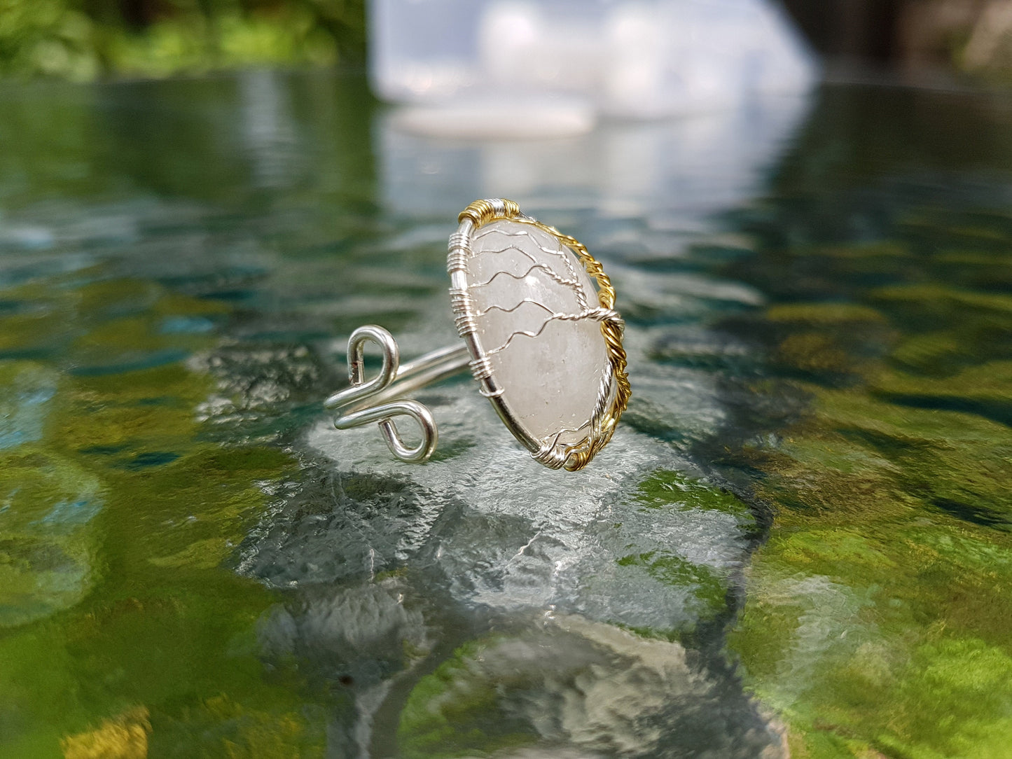 Fantasy inspired ring with a moonstone: The Two Trees