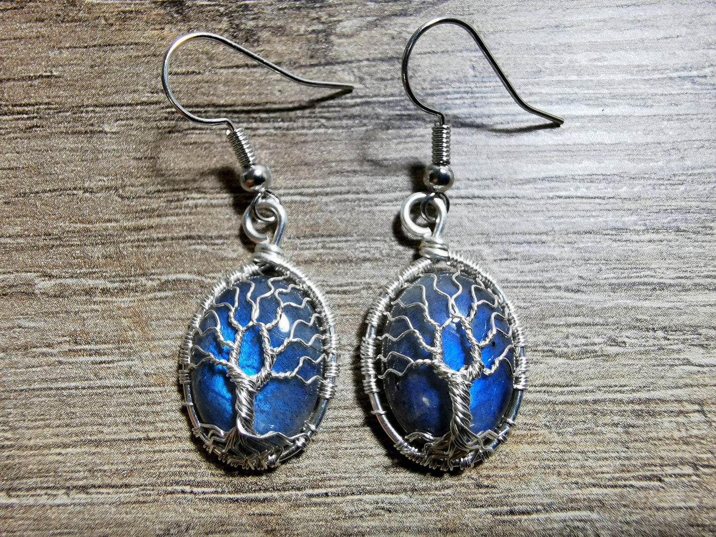 Tree earrings with labradorite gemstones