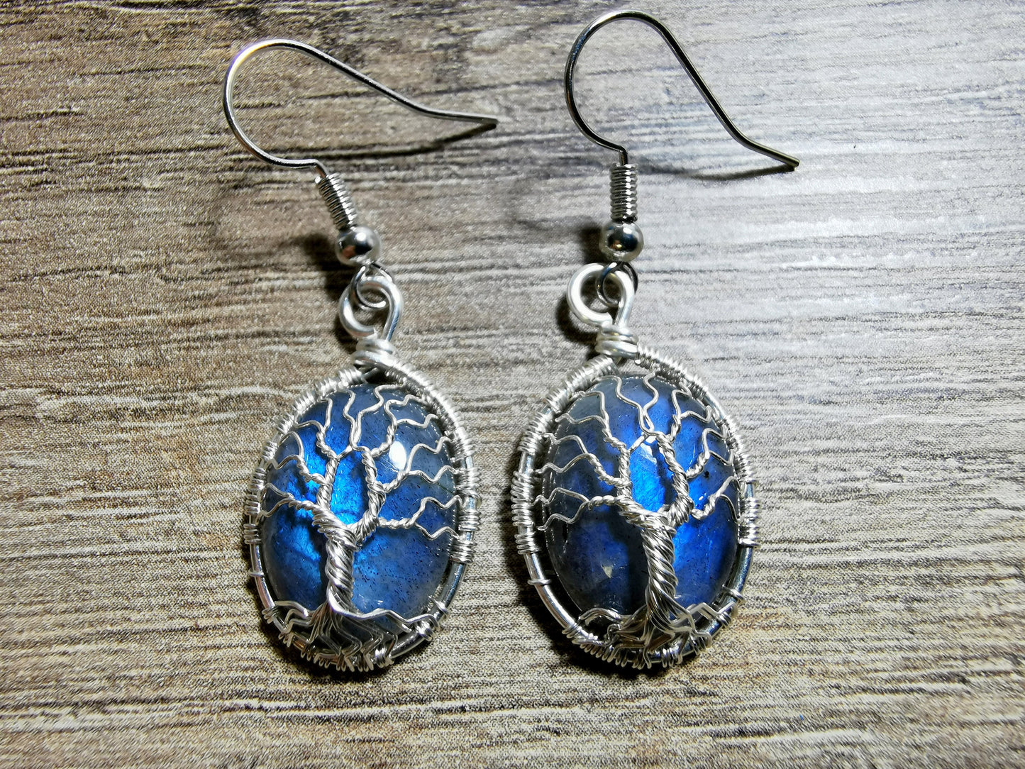 Tree earrings with labradorite gemstones