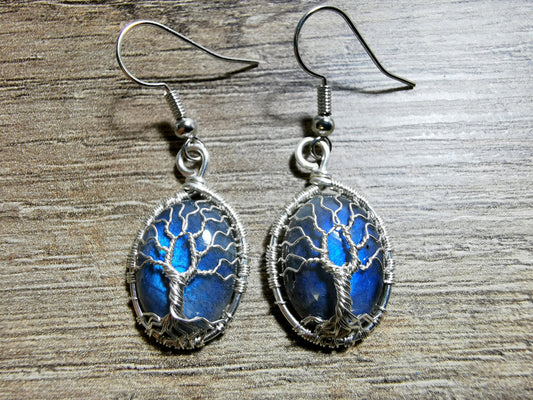 Tree earrings with labradorite gemstones