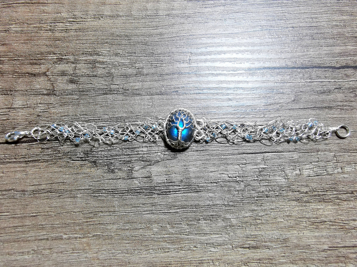 Wire crochet tree bracelet with a labradorite gemstone