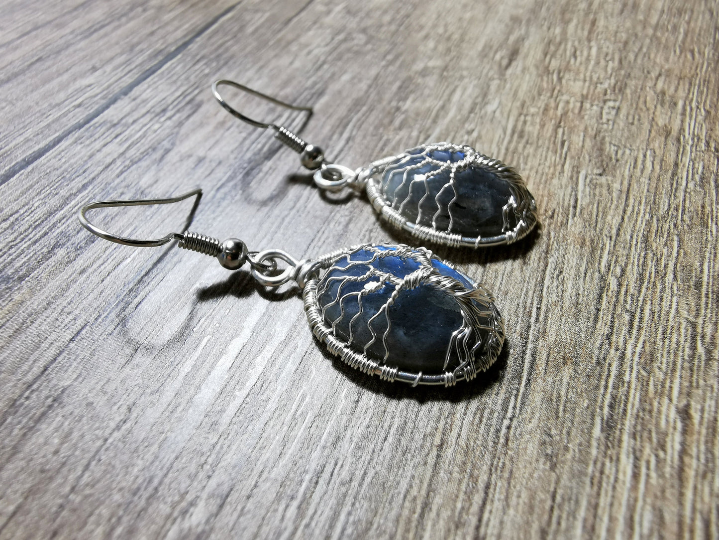 Tree earrings with labradorite gemstones