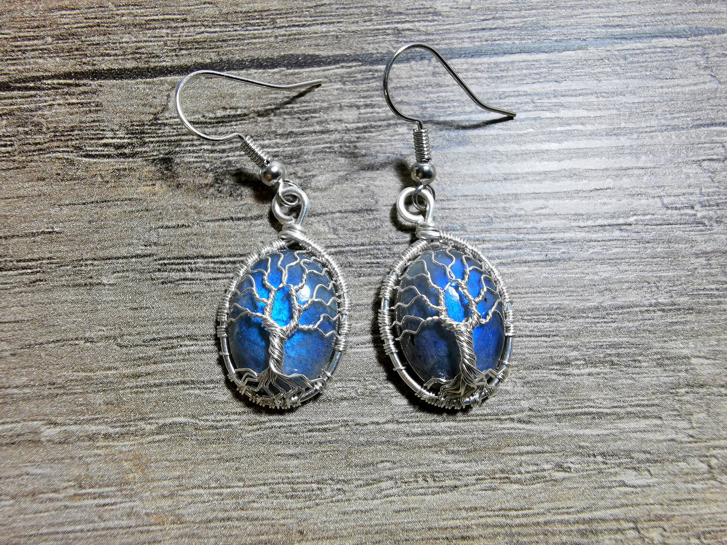 Tree earrings with labradorite gemstones