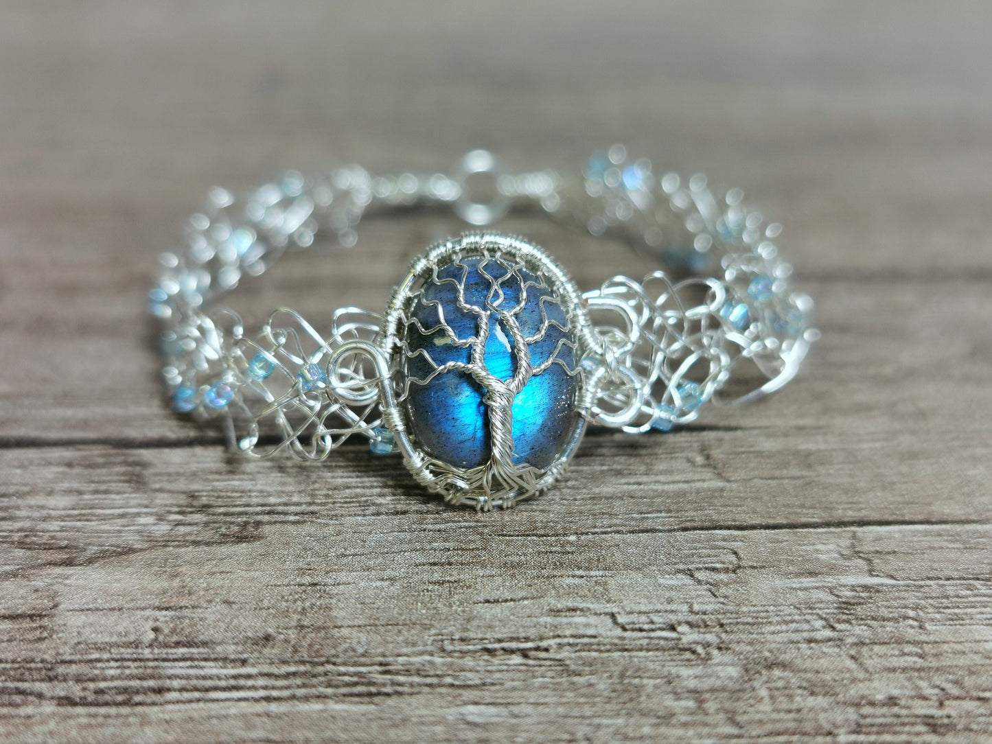 Wire crochet tree bracelet with a labradorite gemstone