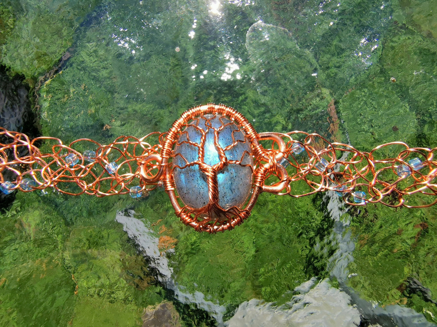 Wire crochet tree bracelet with a labradorite gemstone