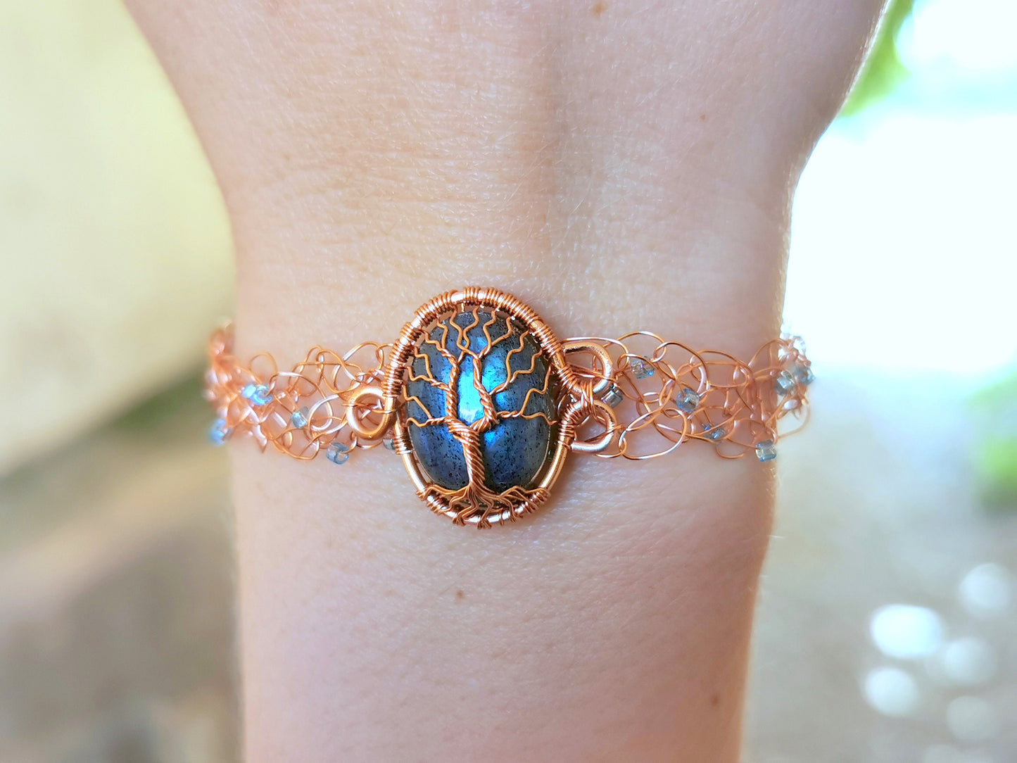 Wire crochet tree bracelet with a labradorite gemstone