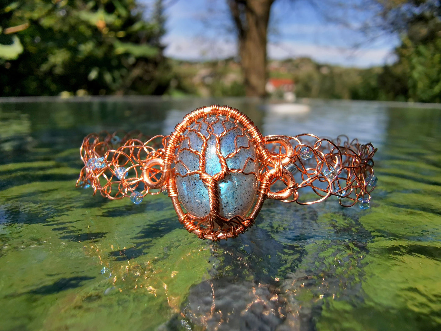 Wire crochet tree bracelet with a labradorite gemstone