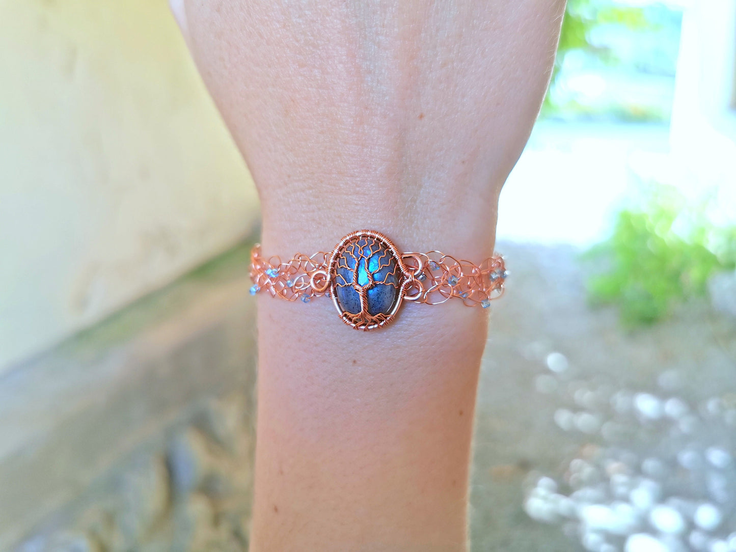 Wire crochet tree bracelet with a labradorite gemstone