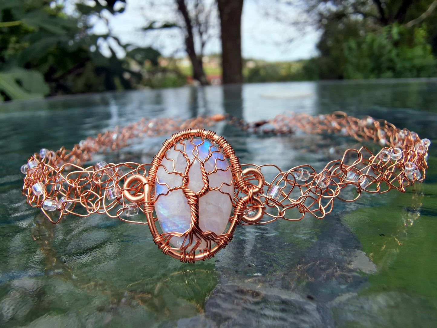 Wire crochet choker with a moonstone