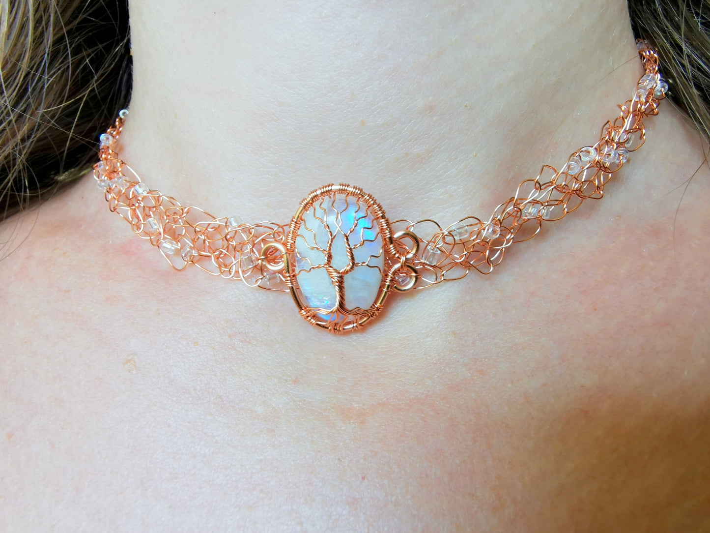Wire crochet choker with a moonstone