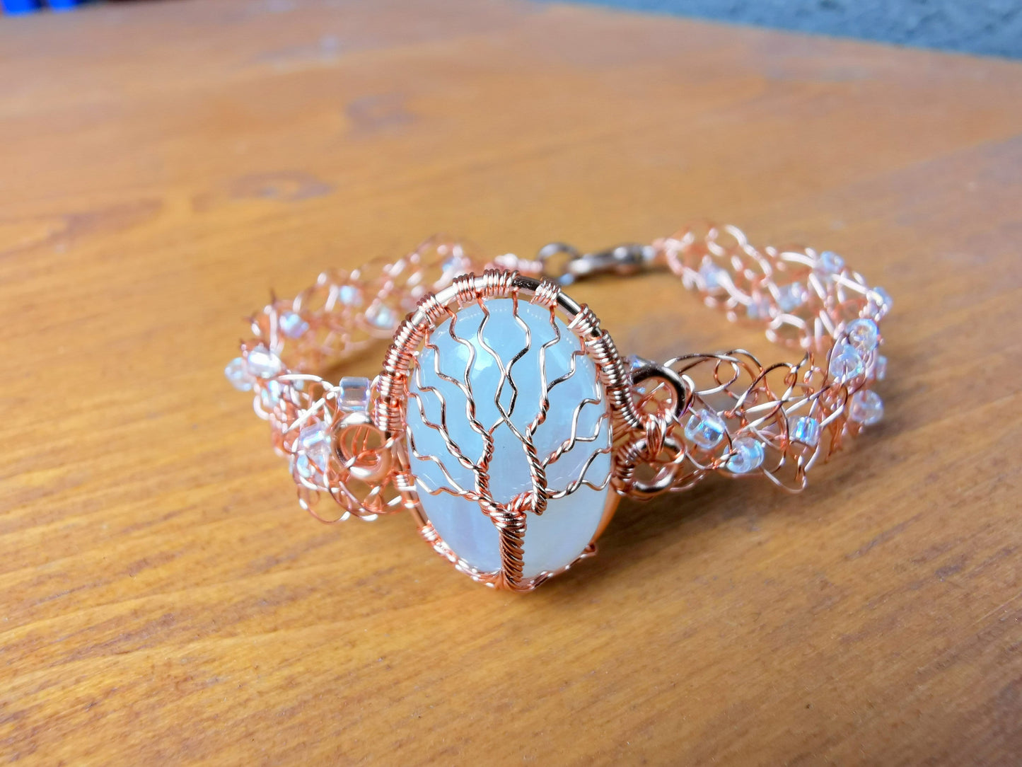 Wire crochet tree bracelet with a moonstone
