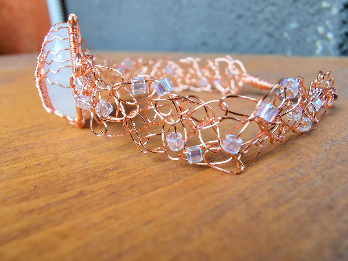 Wire crochet tree bracelet with a moonstone