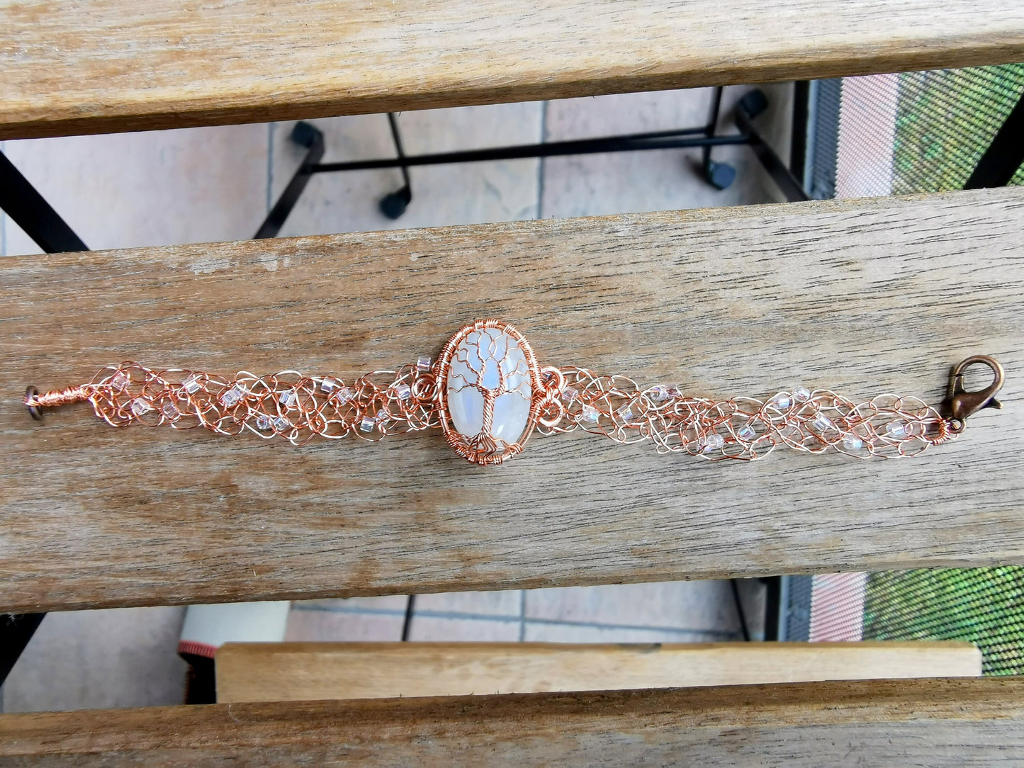Wire crochet tree bracelet with a moonstone