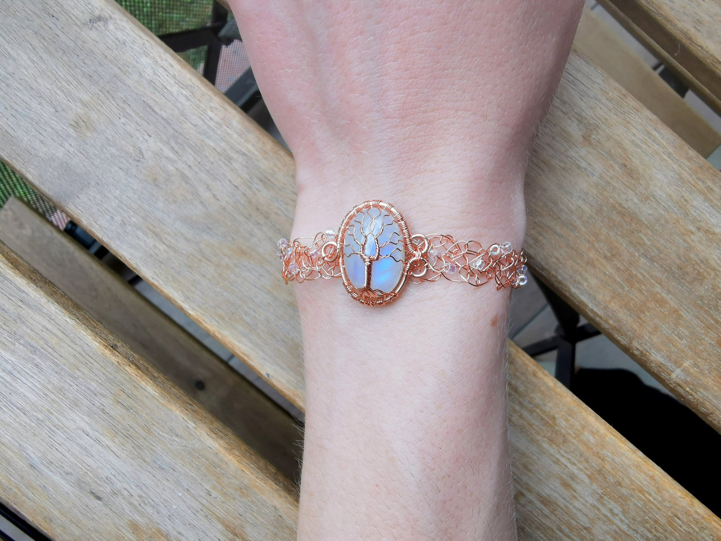Wire crochet tree bracelet with a moonstone