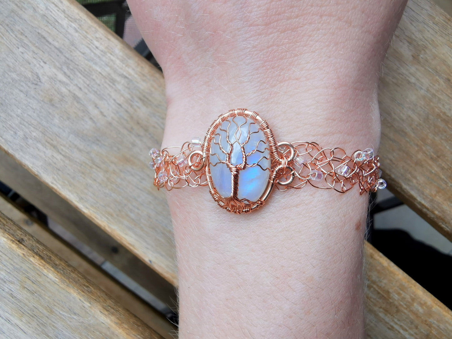 Wire crochet tree bracelet with a moonstone