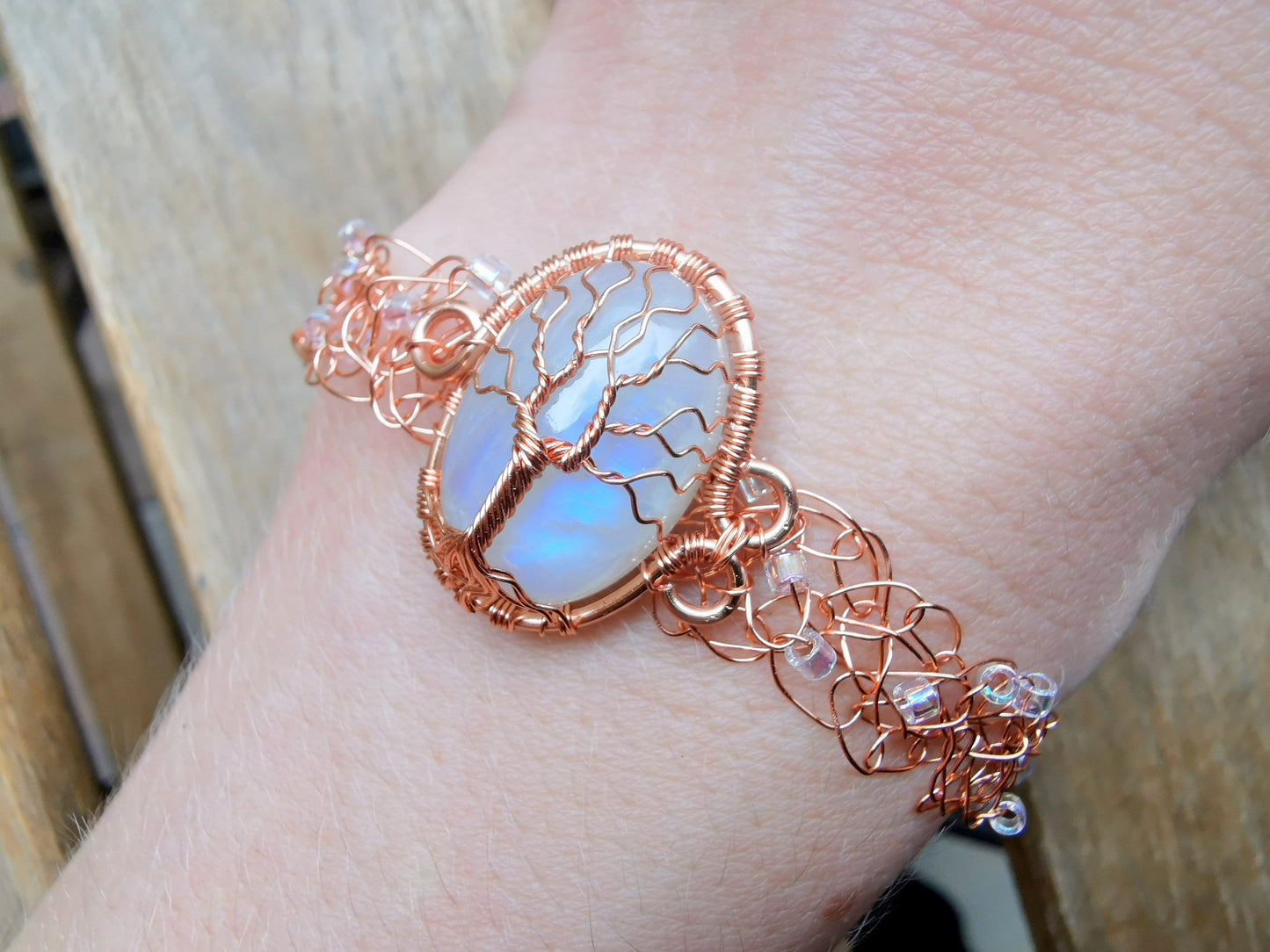 Wire crochet tree bracelet with a moonstone
