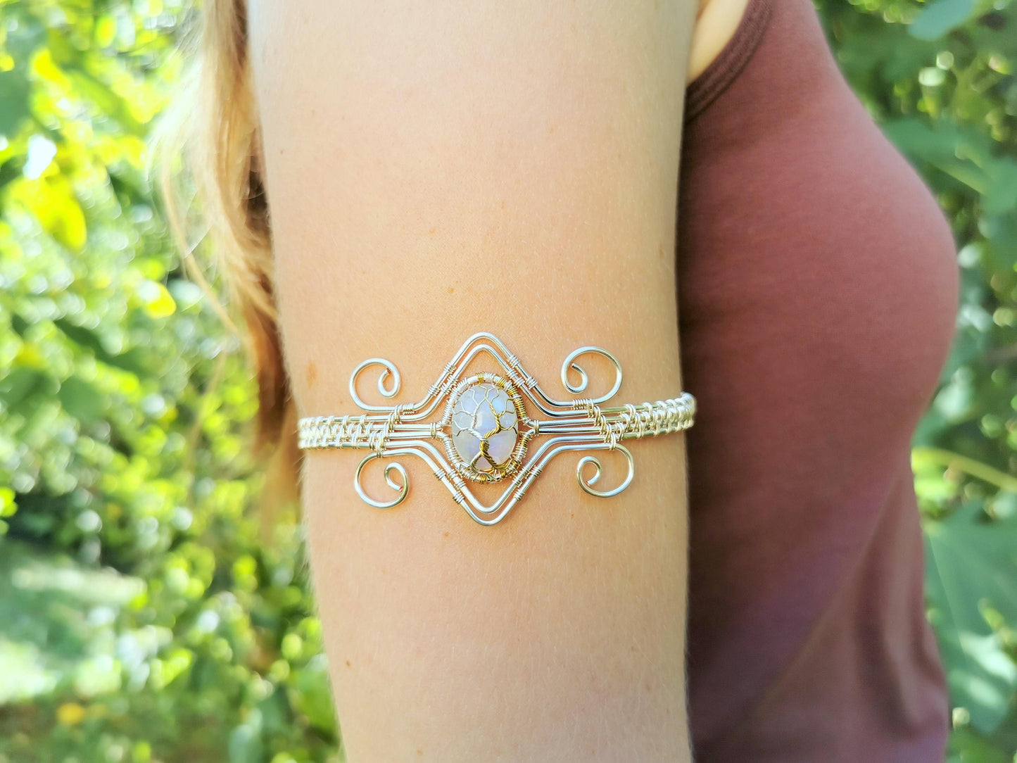 Fantasy inspired arm ring with a moonstone gemstone