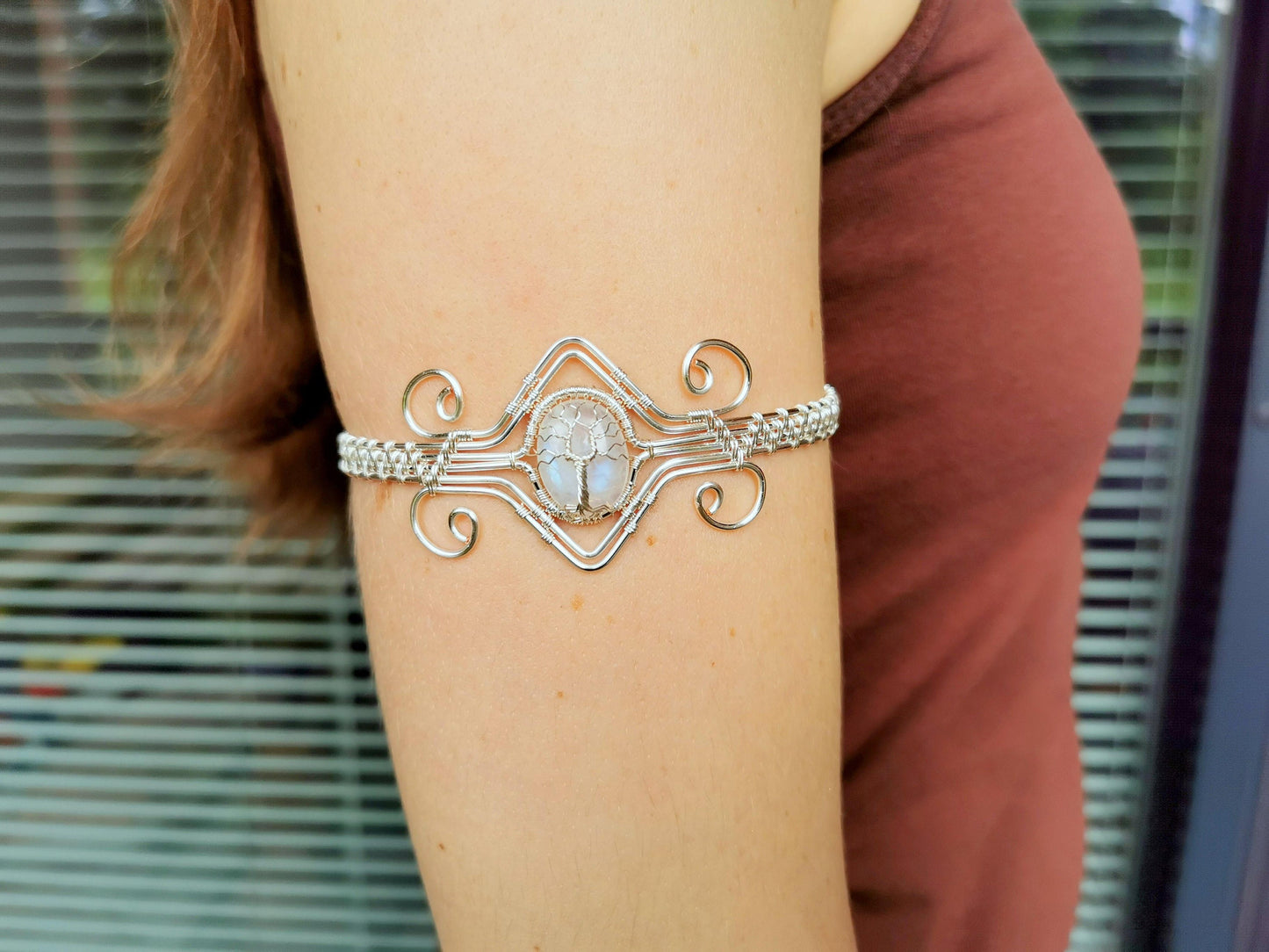 Tree arm ring with a moonstone gemstone