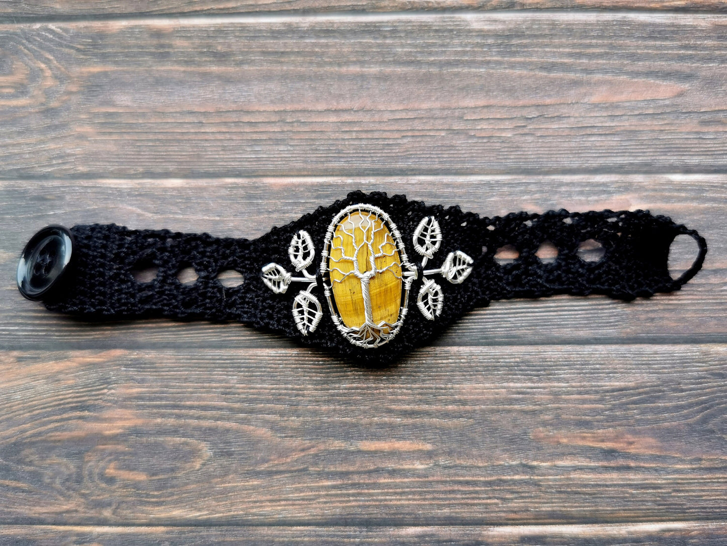 Crochet tree bracelet with a tiger's eye gemstone