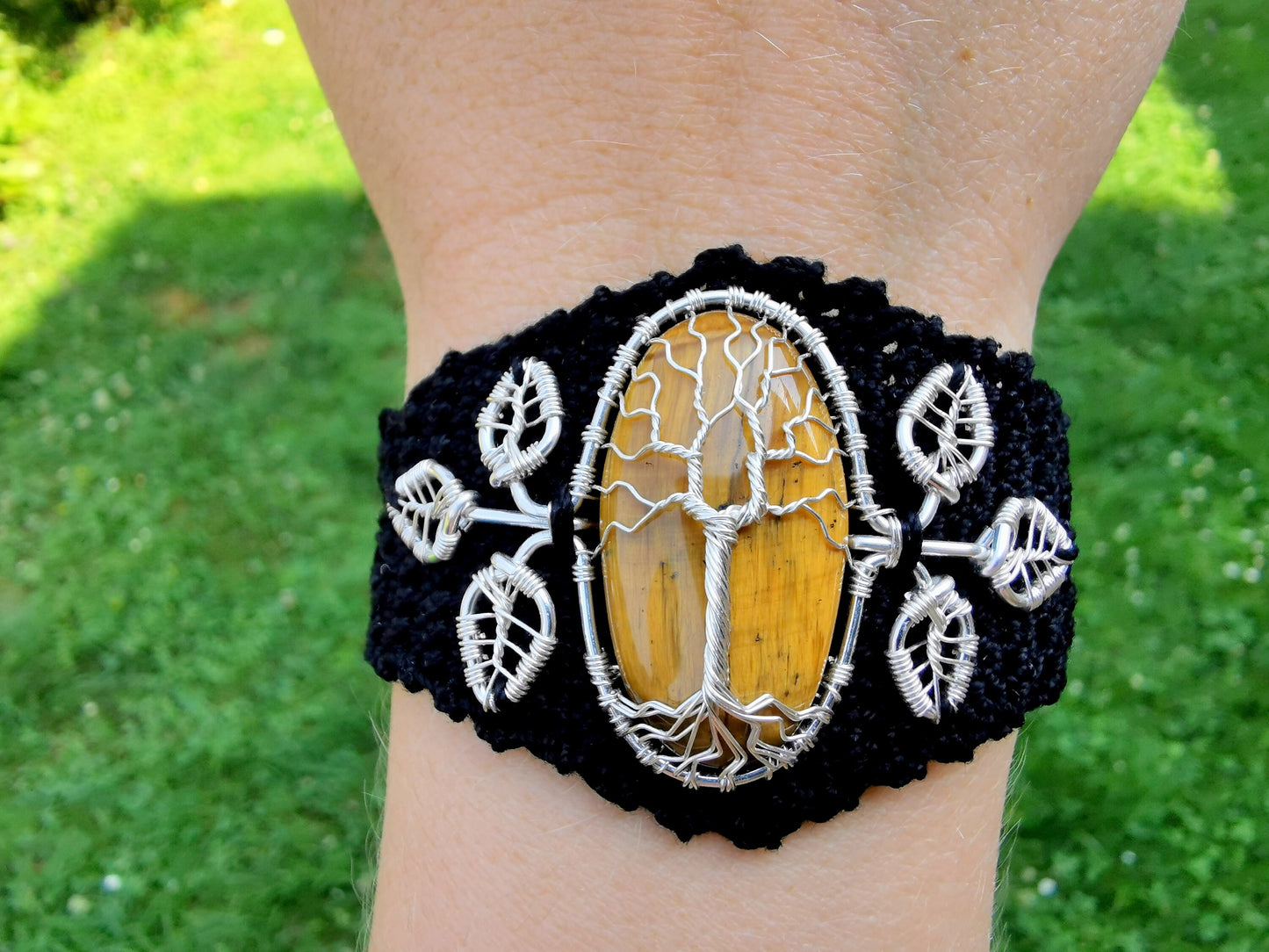 Crochet tree bracelet with a tiger's eye gemstone