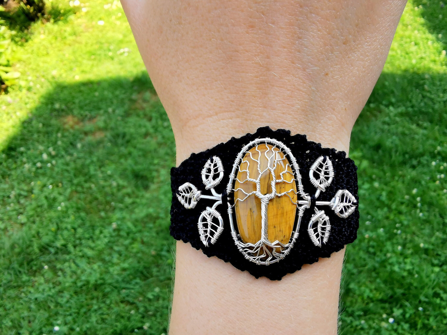 Crochet tree bracelet with a tiger's eye gemstone
