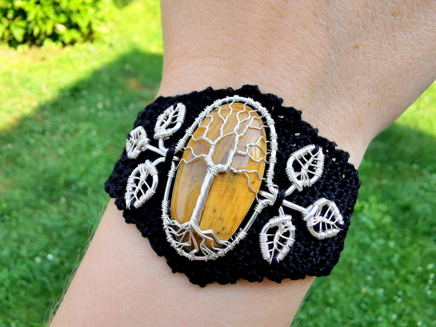 Crochet tree bracelet with a tiger's eye gemstone