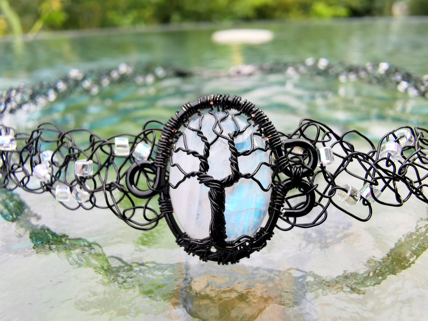 Wire crochet black choker with a moonstone