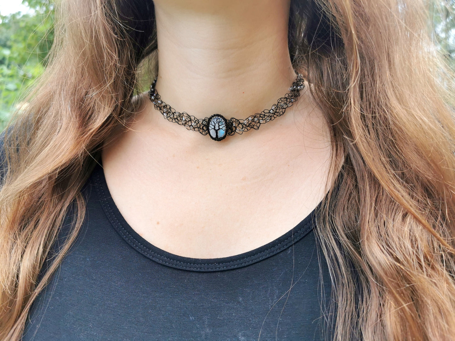 Wire crochet black choker with a moonstone