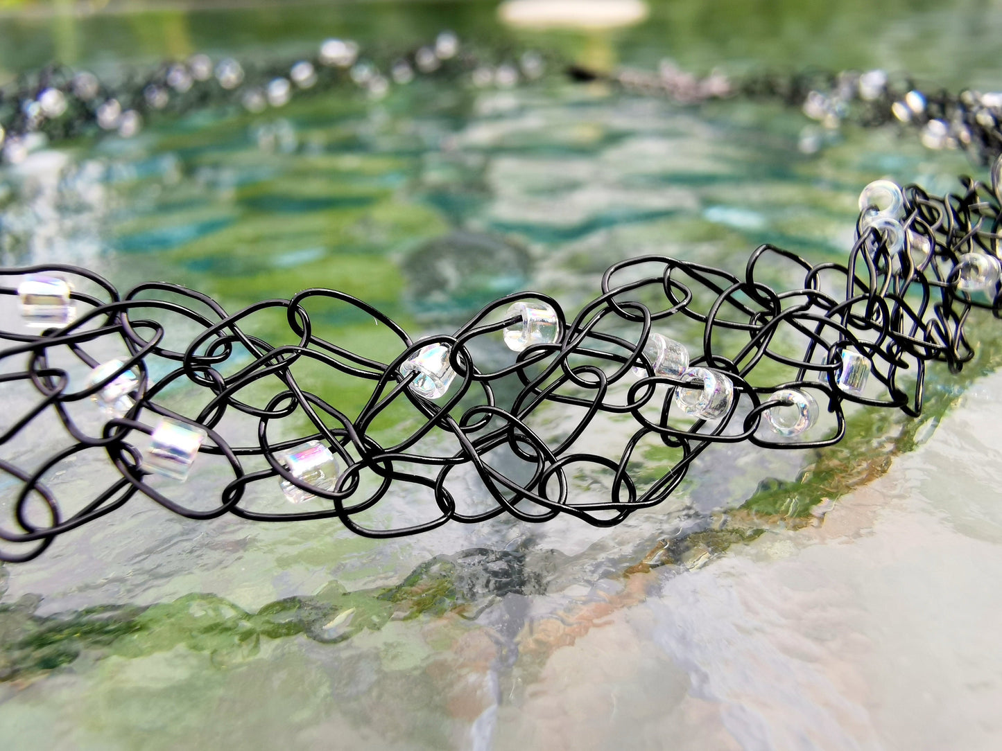 Wire crochet black choker with a moonstone
