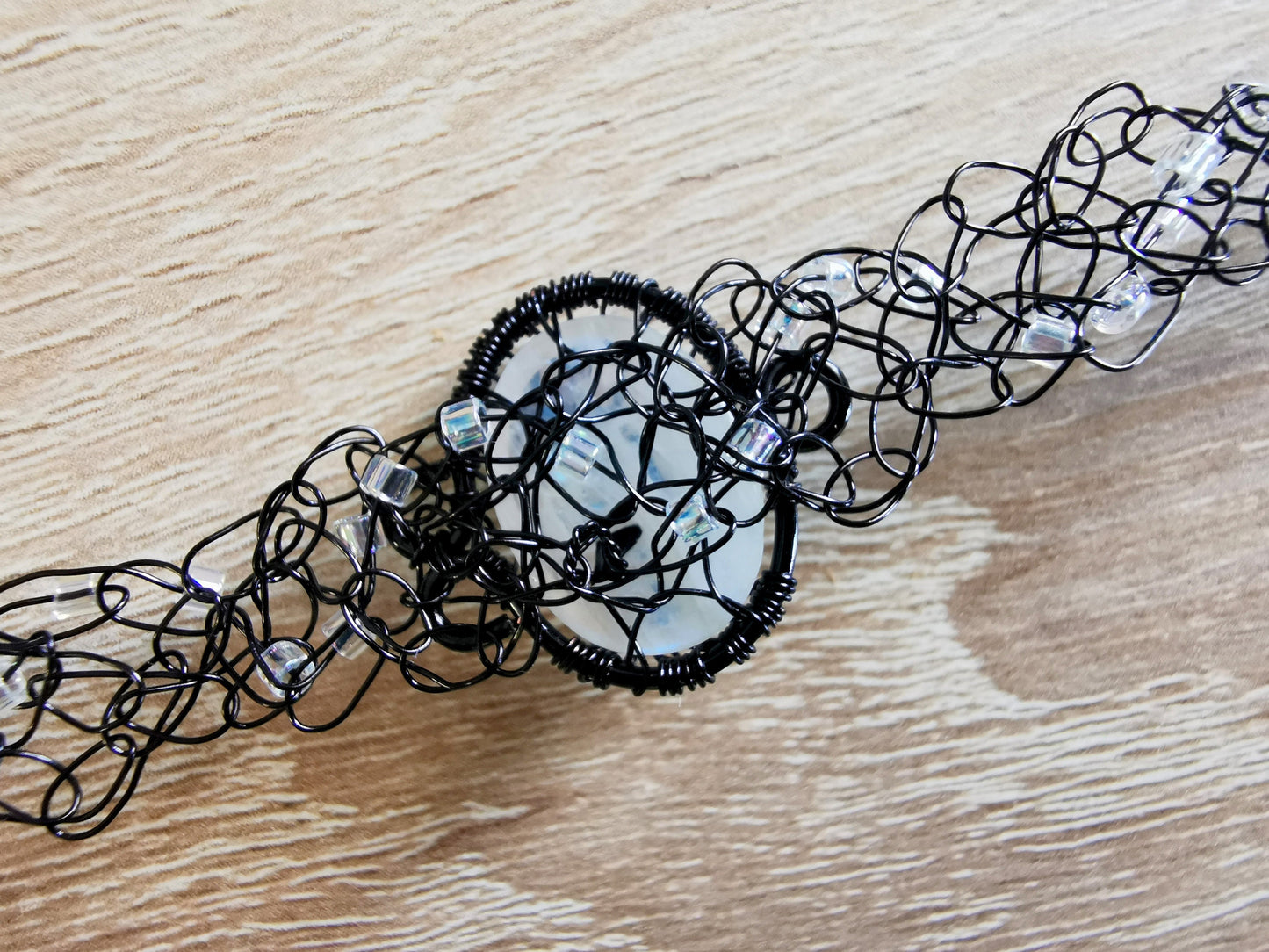 Wire crochet black choker with a moonstone