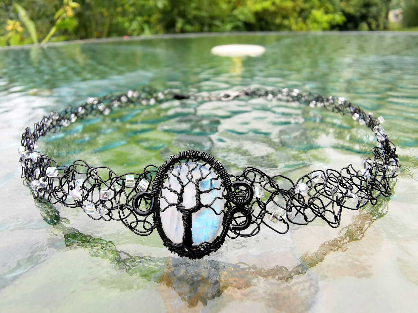 Wire crochet black choker with a moonstone