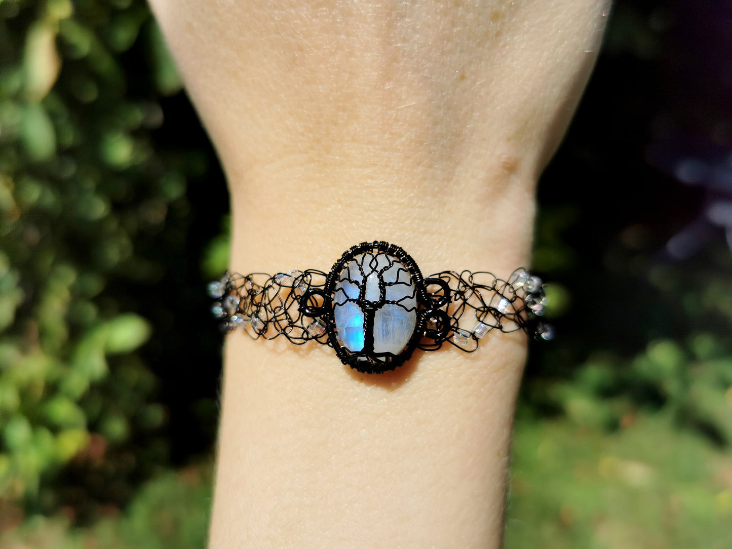 Wire crochet tree bracelet with a moonstone