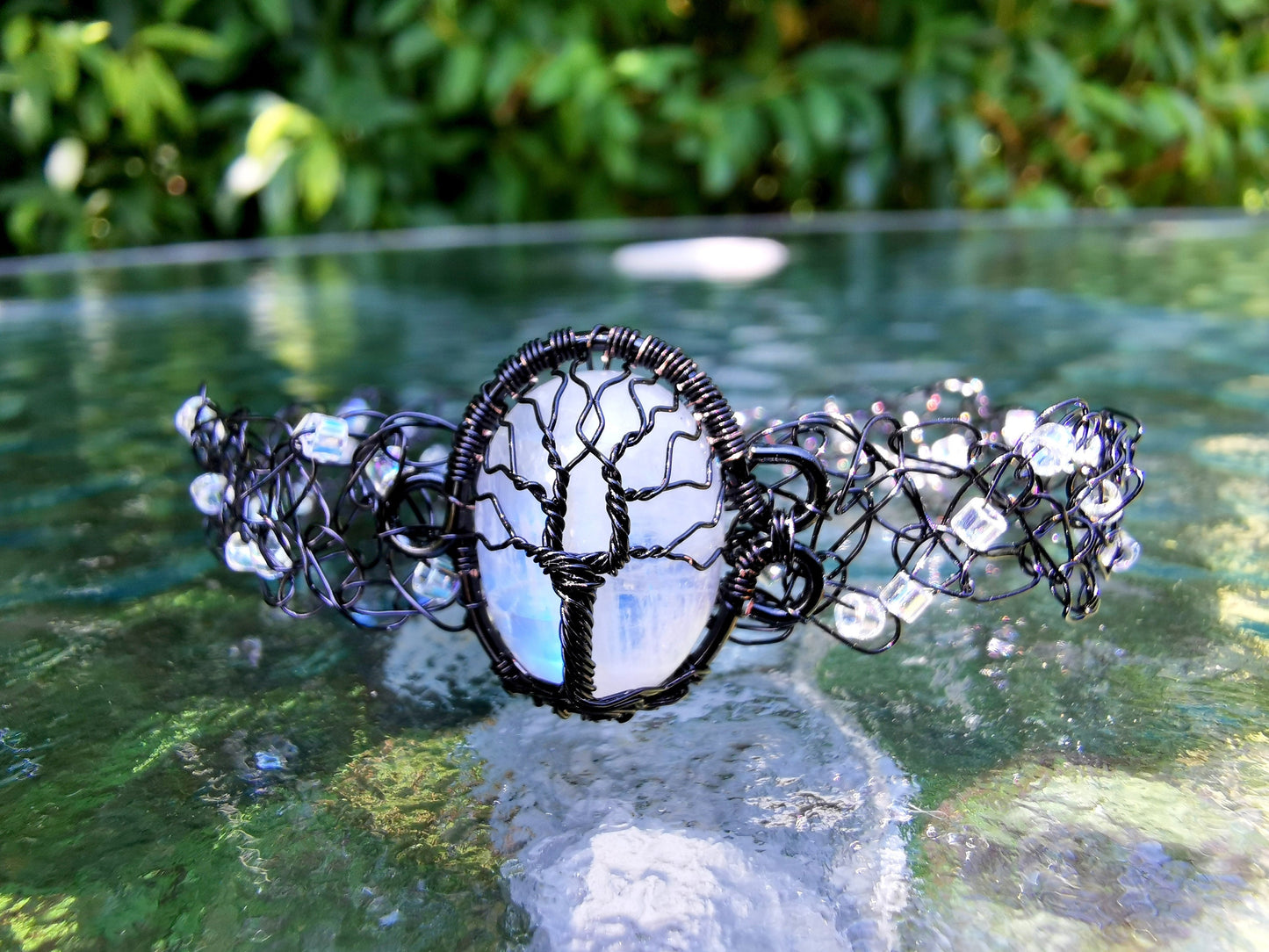 Wire crochet tree bracelet with a moonstone