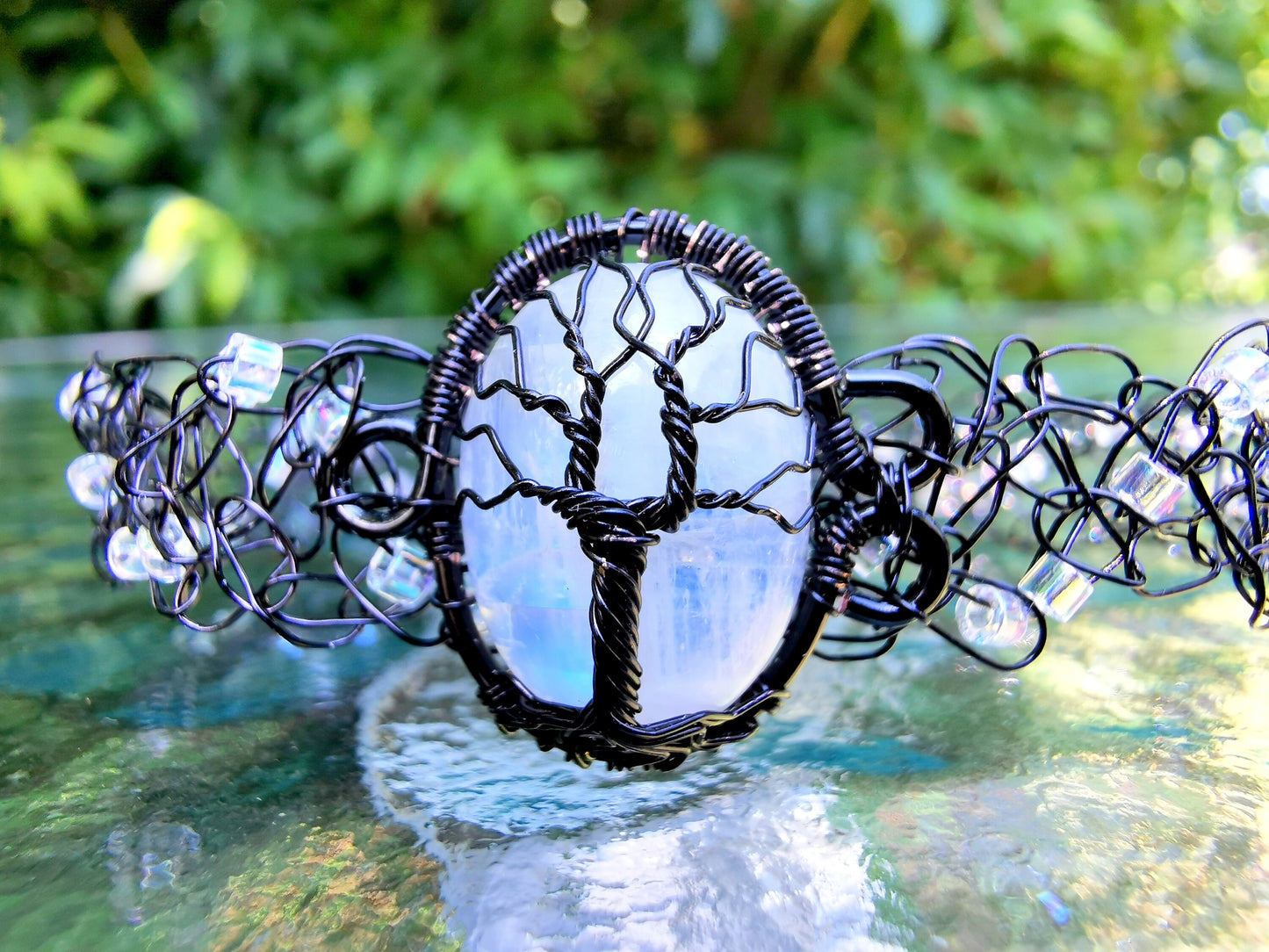 Wire crochet tree bracelet with a moonstone
