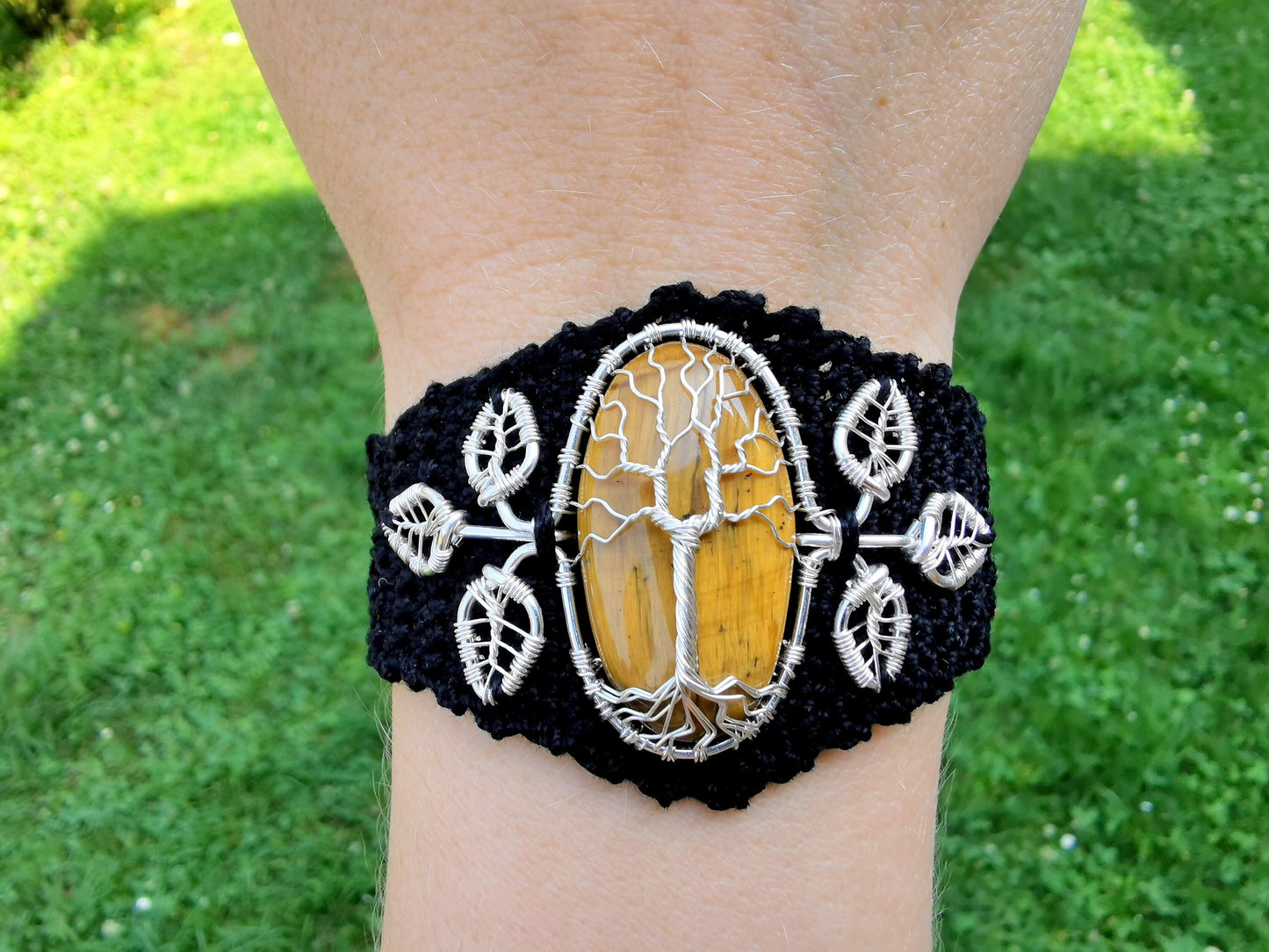 Crochet tree bracelet with a tiger's eye gemstone