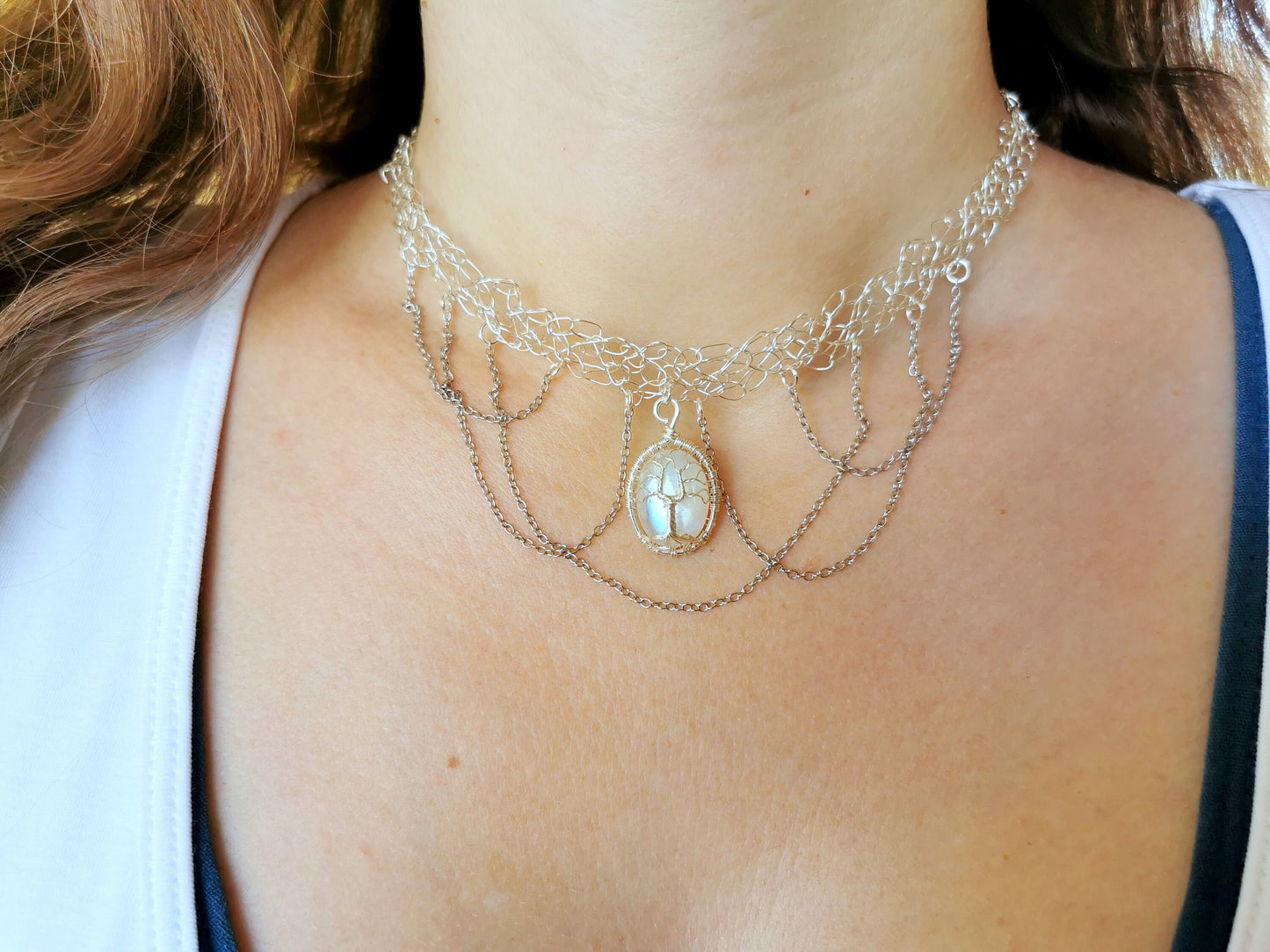 Wire crochet choker with a moonstone
