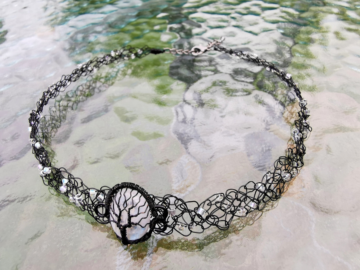 Wire crochet black choker with a moonstone