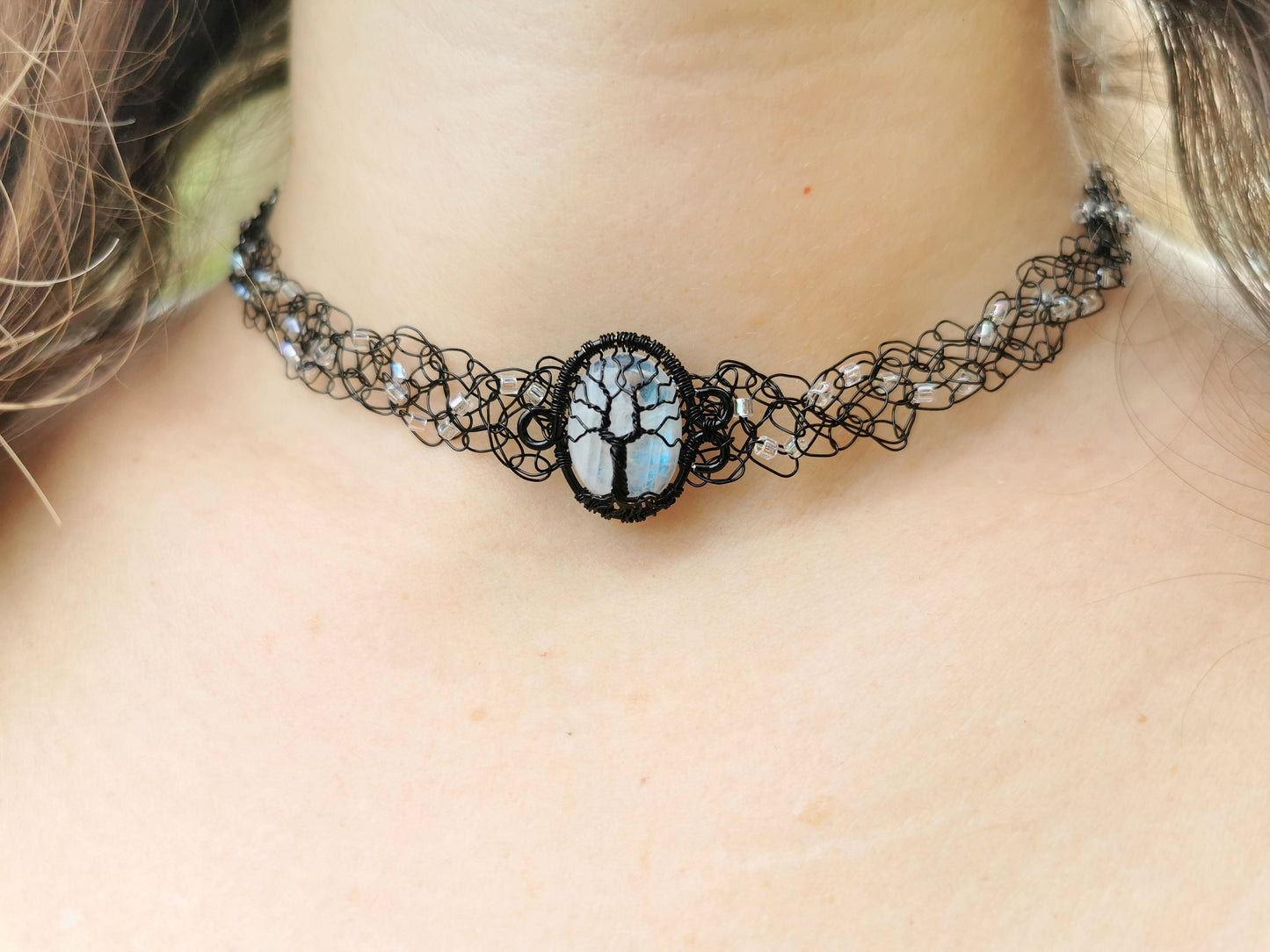 Wire crochet black choker with a moonstone