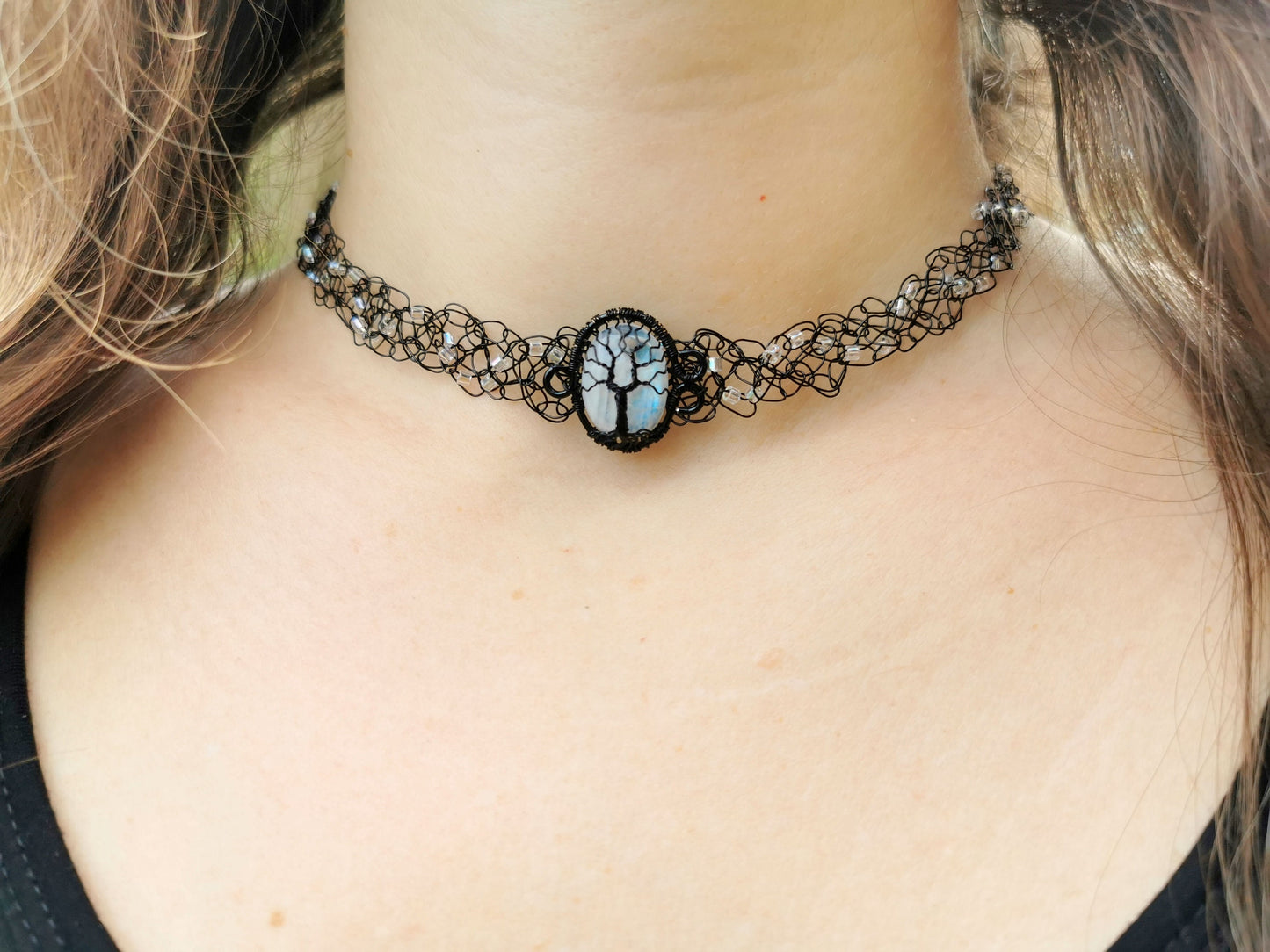 Wire crochet black choker with a moonstone