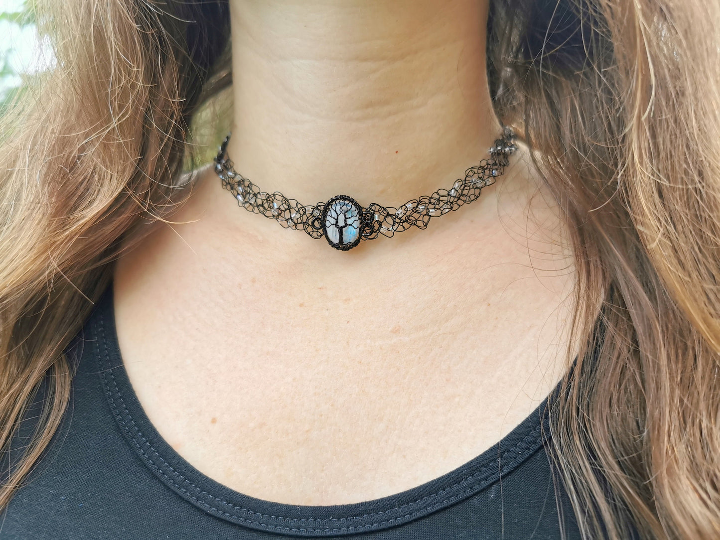 Wire crochet black choker with a moonstone