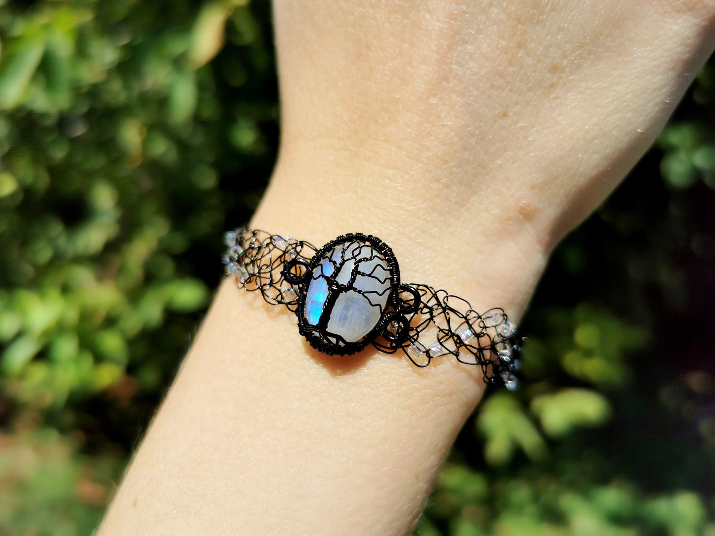 Wire crochet tree bracelet with a moonstone
