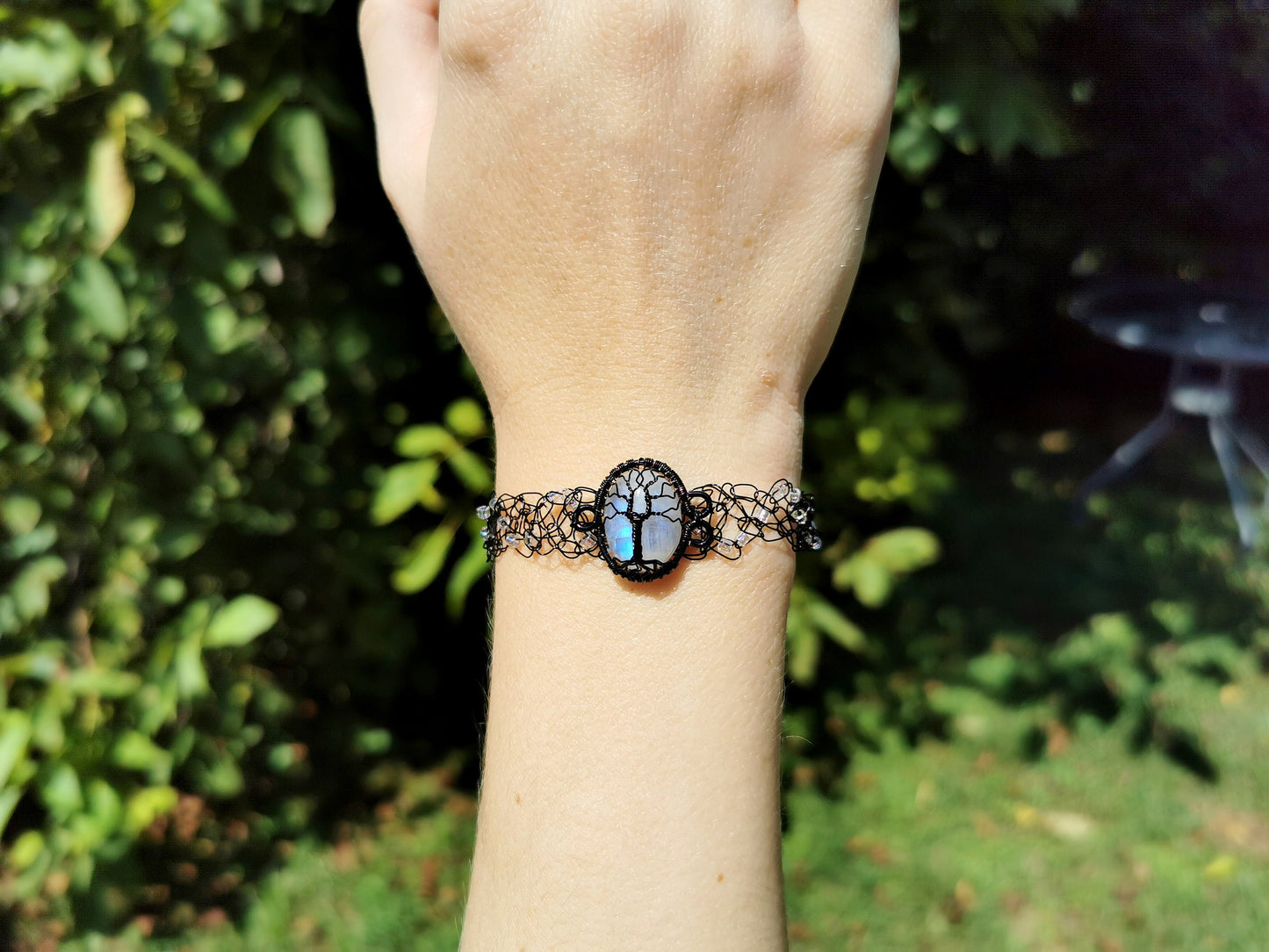 Wire crochet tree bracelet with a moonstone