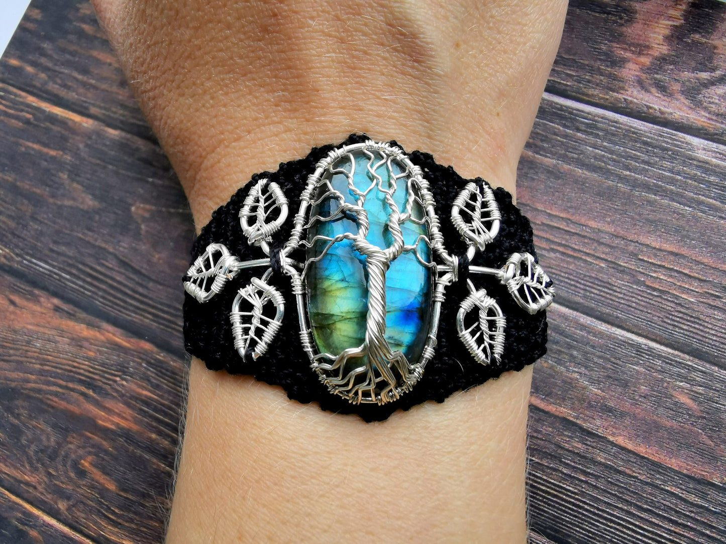 Crochet tree bracelet with a labradorite gemstone